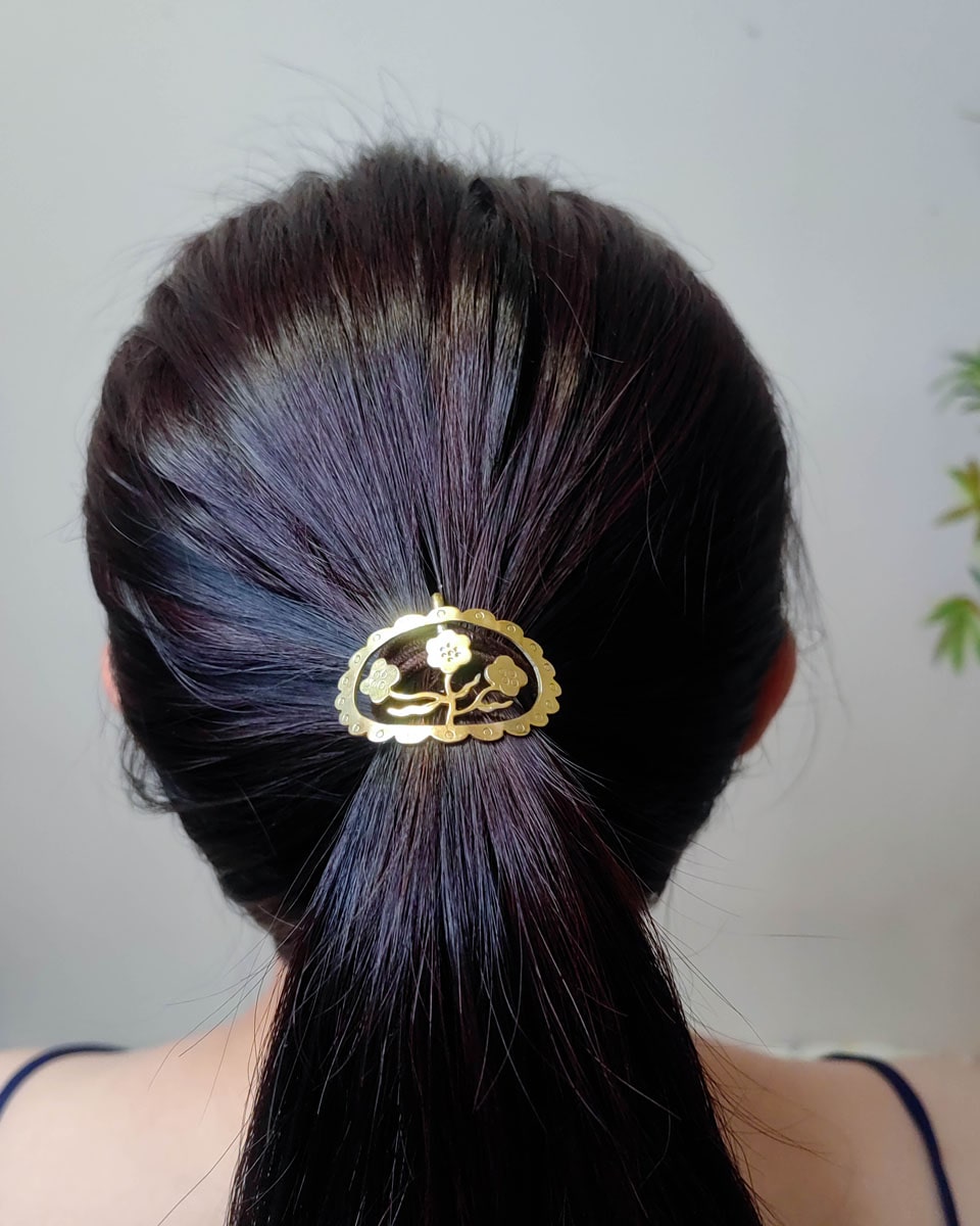 three flowers ponytail hair cuff with flowers design, handmade from solid brass, hair jewellery by fake plastic love
