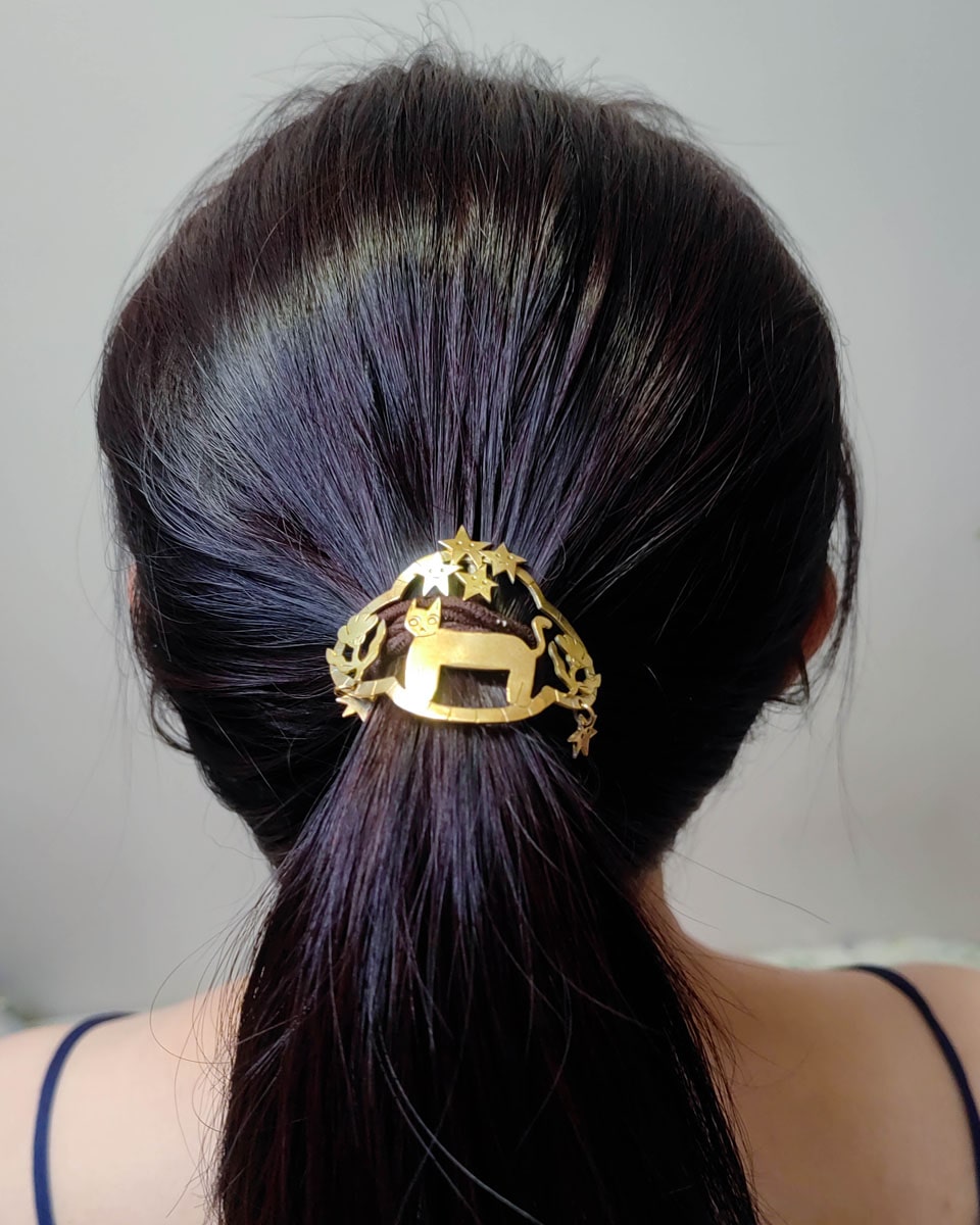 handmade brass kitty cat hair cuff, pony tail hook with stars and flowers design, by fake plastic love