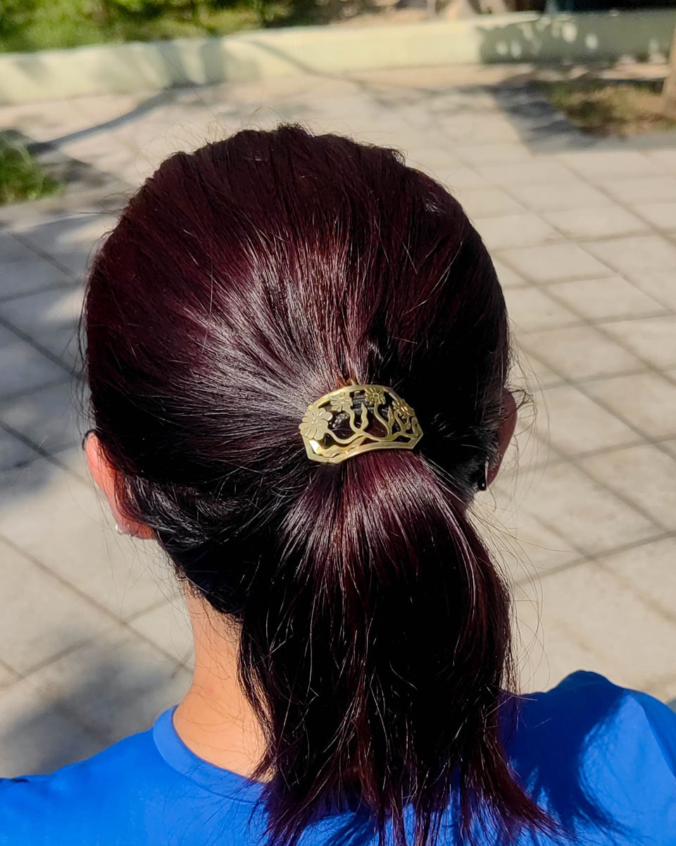 smiley face four flowers ponytail hair cuff, handmade from solid brass, hair jewellery by fake plastic love