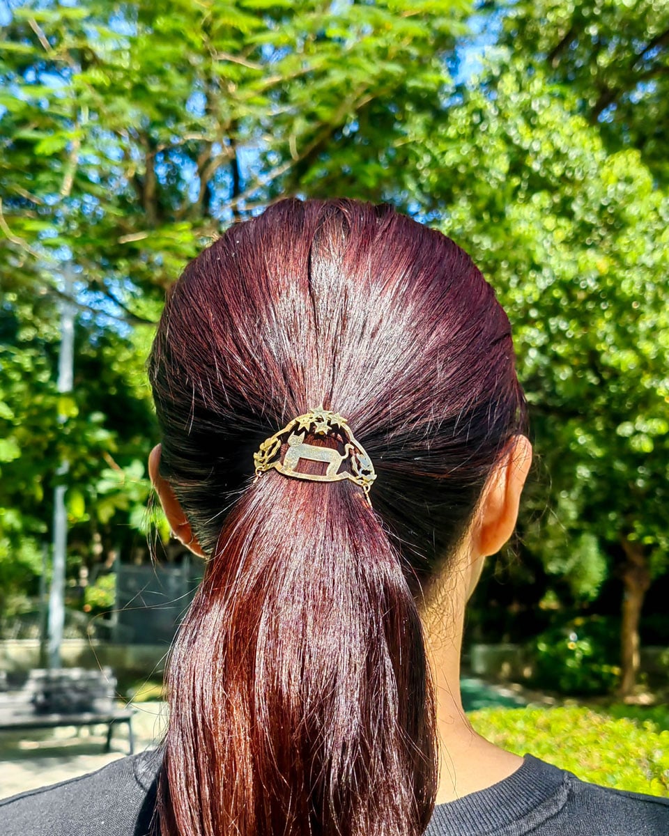 handmade brass kitty cat hair cuff, pony tail hook with stars and flowers design, by fake plastic love