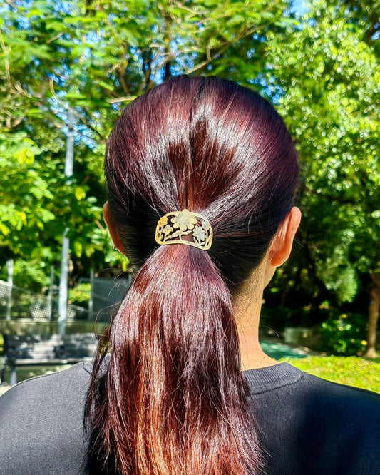 smiley face five flowers ponytail hair cuff, handmade from solid brass, hair jewellery by fake plastic love