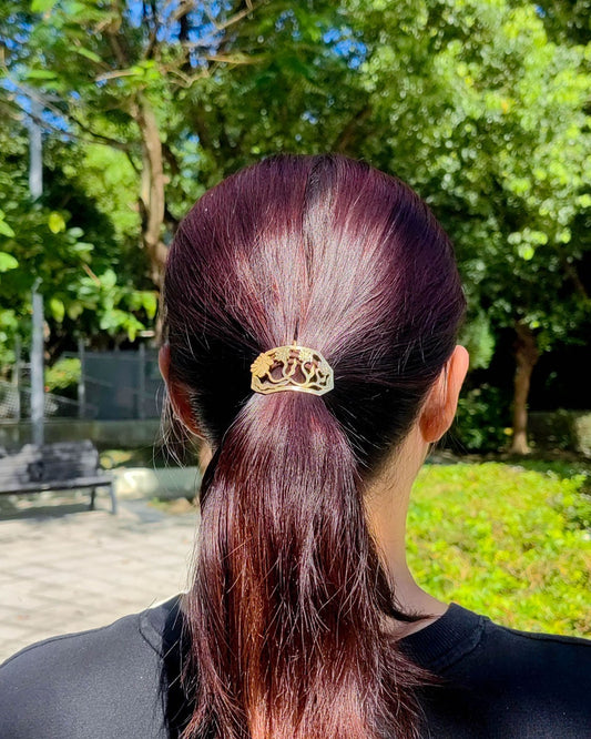 smiley face four flowers ponytail hair cuff, handmade from solid brass, hair jewellery by fake plastic love