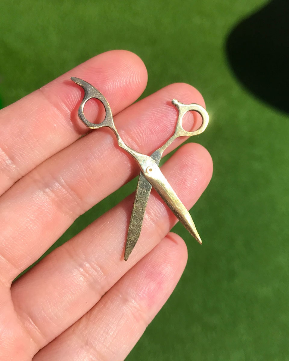 Hair Scissors Earring, miniature barber scissors with movable blades, handmade from brass, available in charm, by fake plastic love