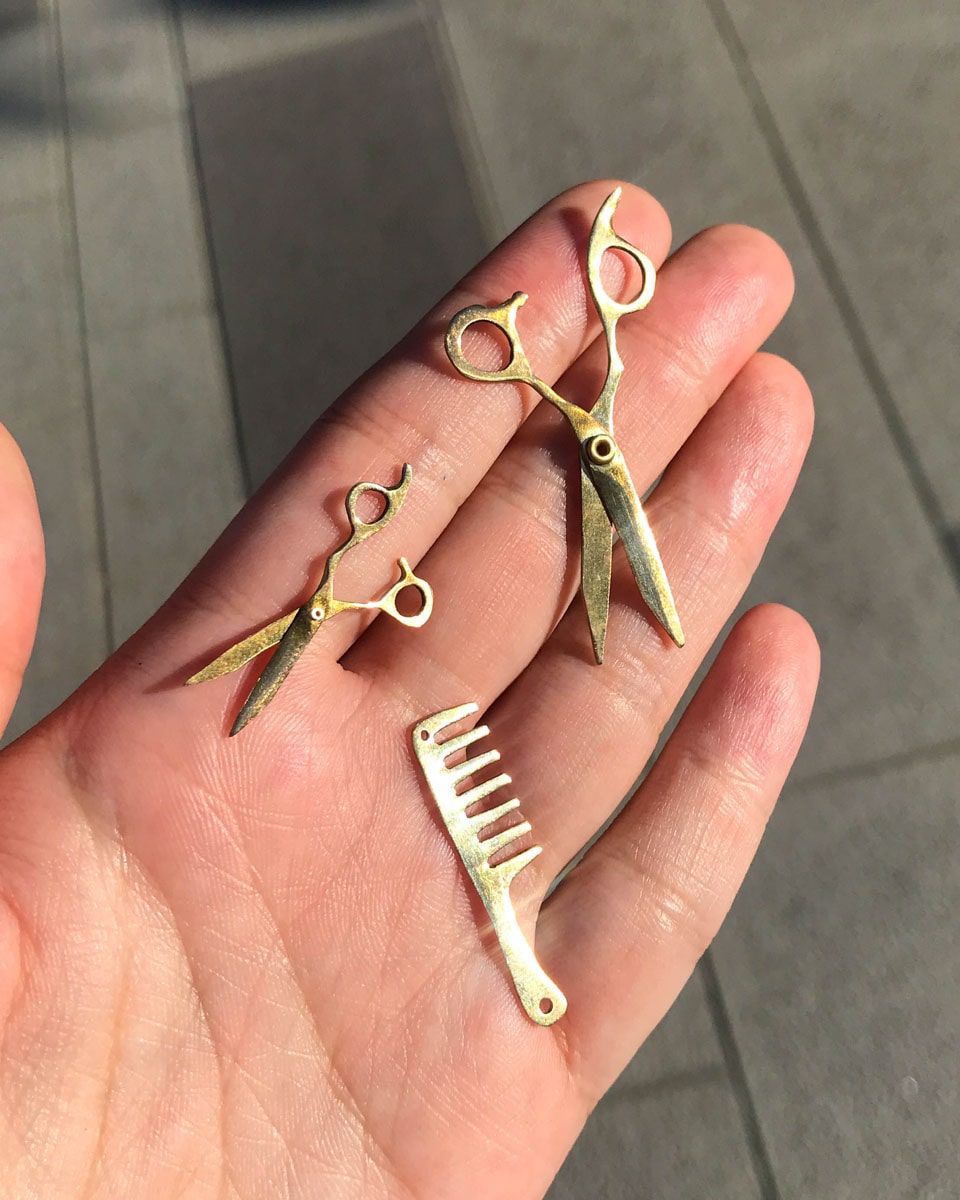 Hair Scissors Earring, miniature barber scissors with movable blades, handmade from brass, available in charm, by fake plastic love