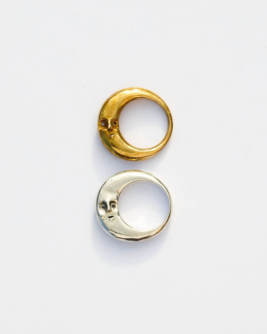 Solid brass and sterling silver Celestial Moon Rings for Mid-Autumn Festival, featuring moon faces on the sides symbolizing family reunion and harmony