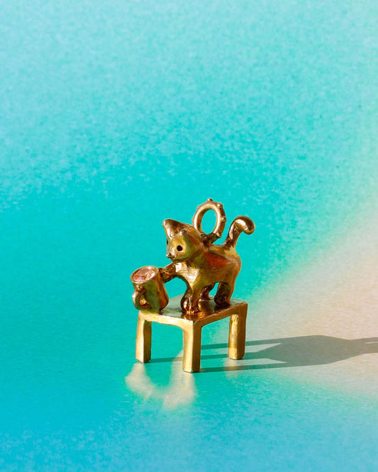 naughty kitty charm, cat pushing cup off table, set with cz stone, handmade jewellery, by fake plastic love