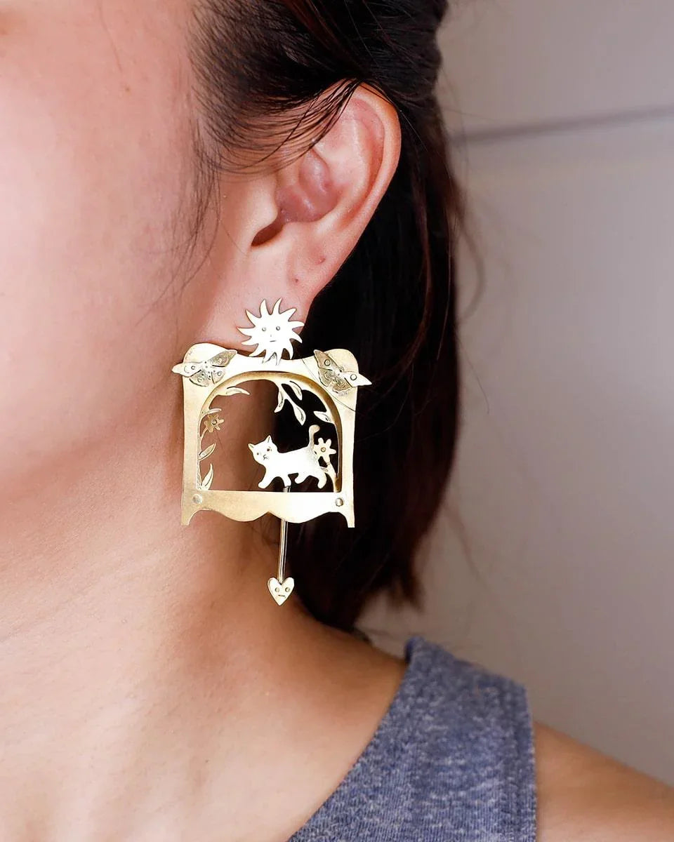 The Kitty Theatre Earrings, kinetic kitty jewellery, handmade by Fake plastic love