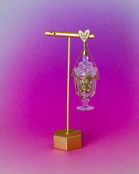 Alice in Wonderland "Eat Me" cake earring/pendant with brass desserts in glass jar, handmade by fake plastic love