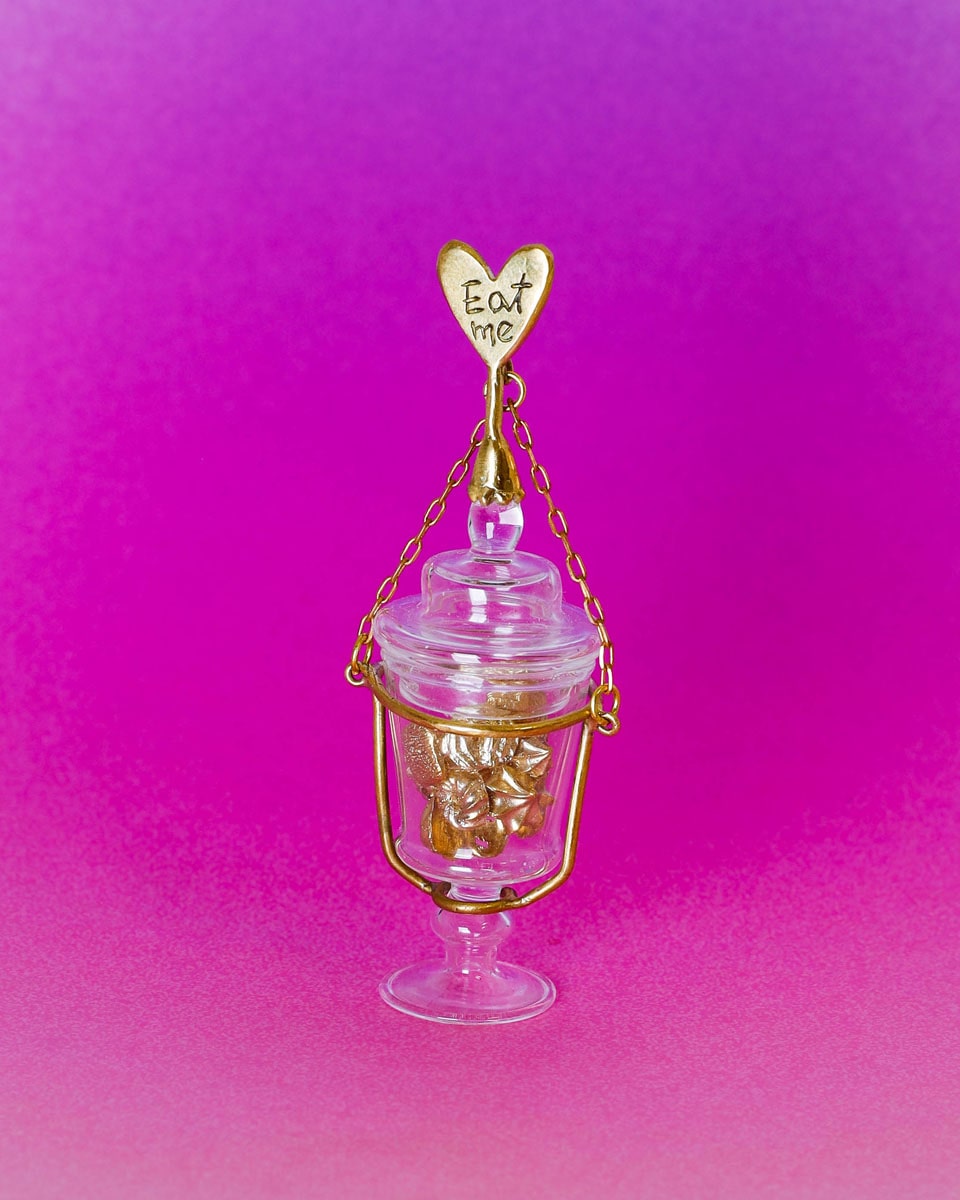 Alice in Wonderland "Eat Me" cake earring/pendant with brass desserts in glass jar, handmade by fake plastic love