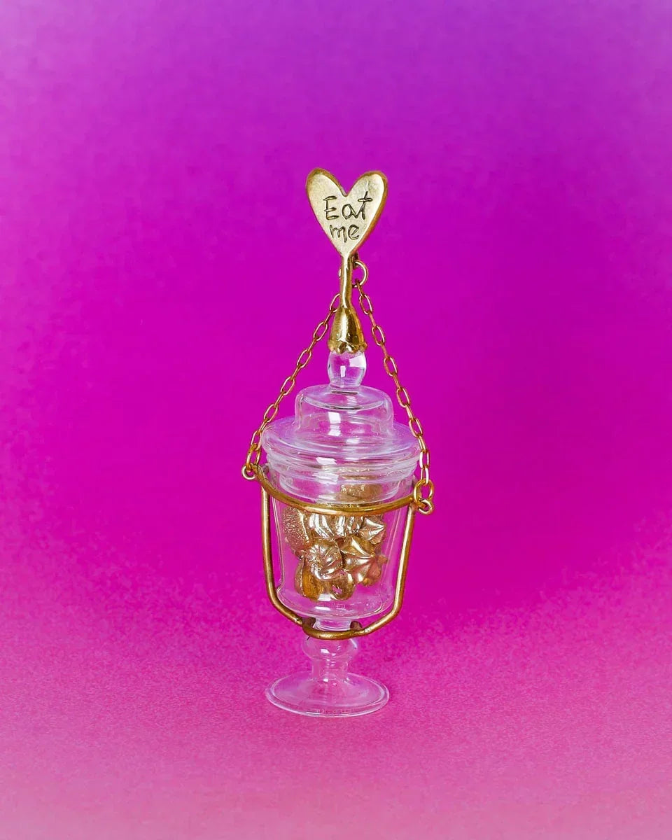 Alice in Wonderland "Eat Me" cake earring/pendant with brass desserts in glass jar, handmade by fake plastic love