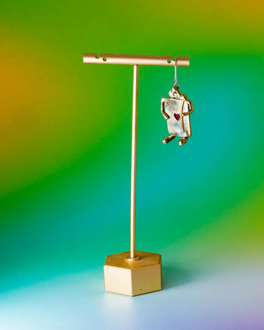 Handmade Card Guard earrings/pendant in brass with magenta CZ stone, Alice in Wonderland jewellery, by fake plastic love