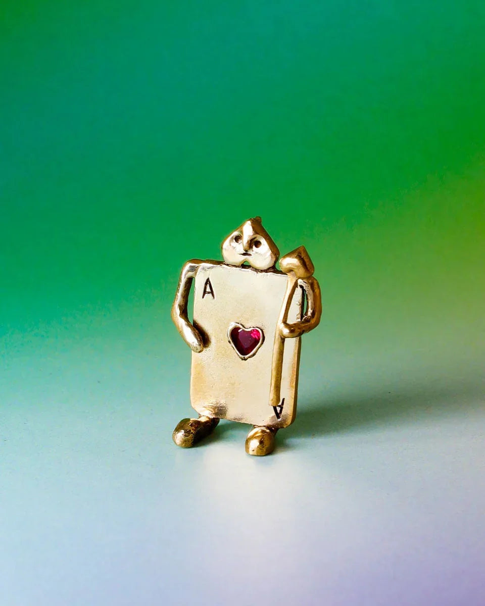 Handmade Card Guard earrings/pendant in brass with magenta CZ stone, Alice in Wonderland jewellery, by fake plastic love