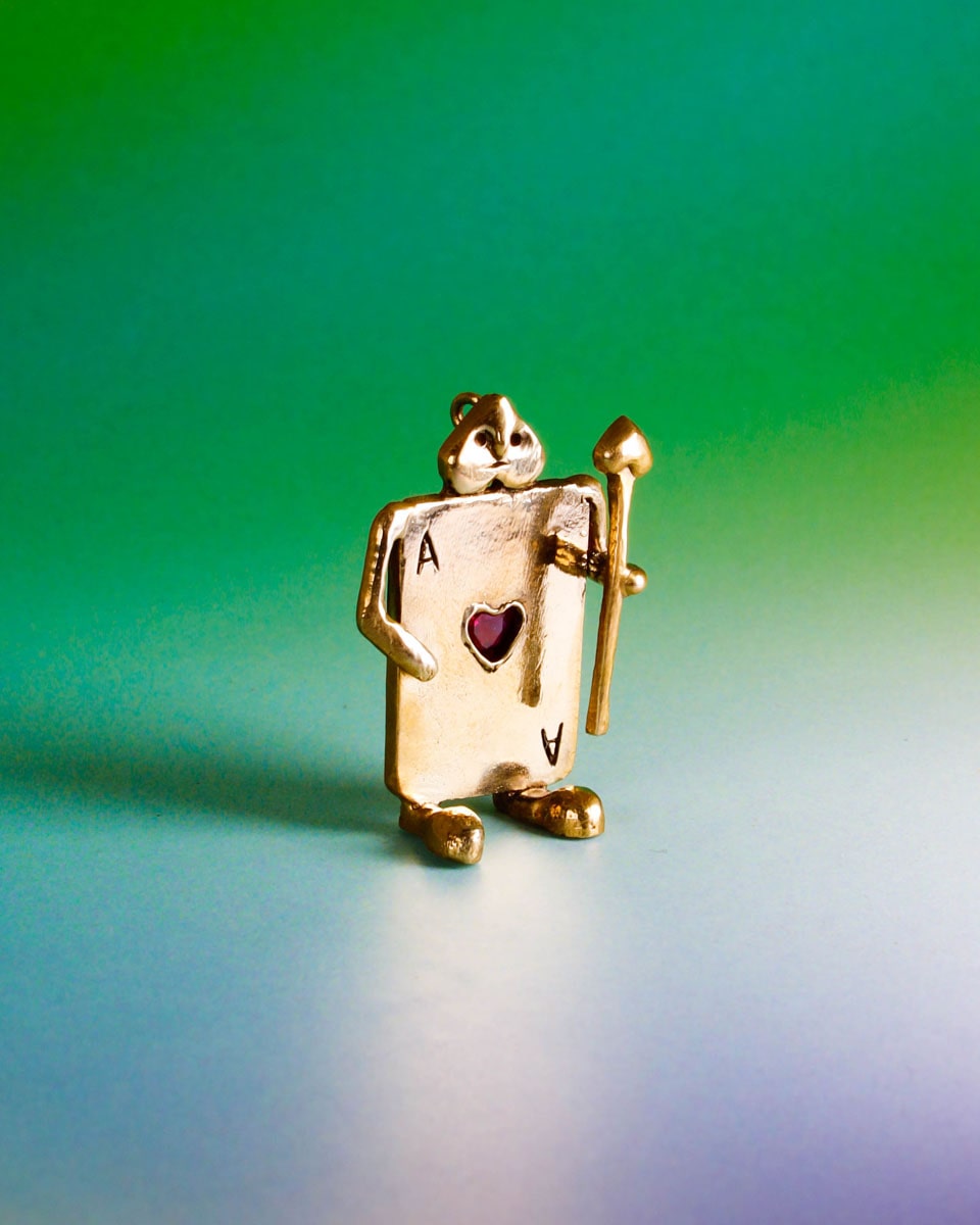 Handmade Card Guard earrings/pendant in brass with magenta CZ stone, Alice in Wonderland jewellery, by fake plastic love