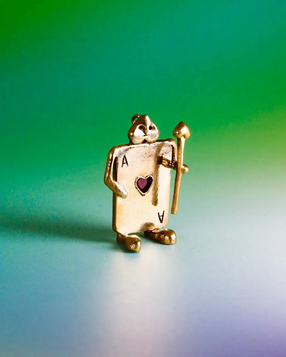 Handmade Card Guard earrings/pendant in brass with magenta CZ stone, Alice in Wonderland jewellery, by fake plastic love