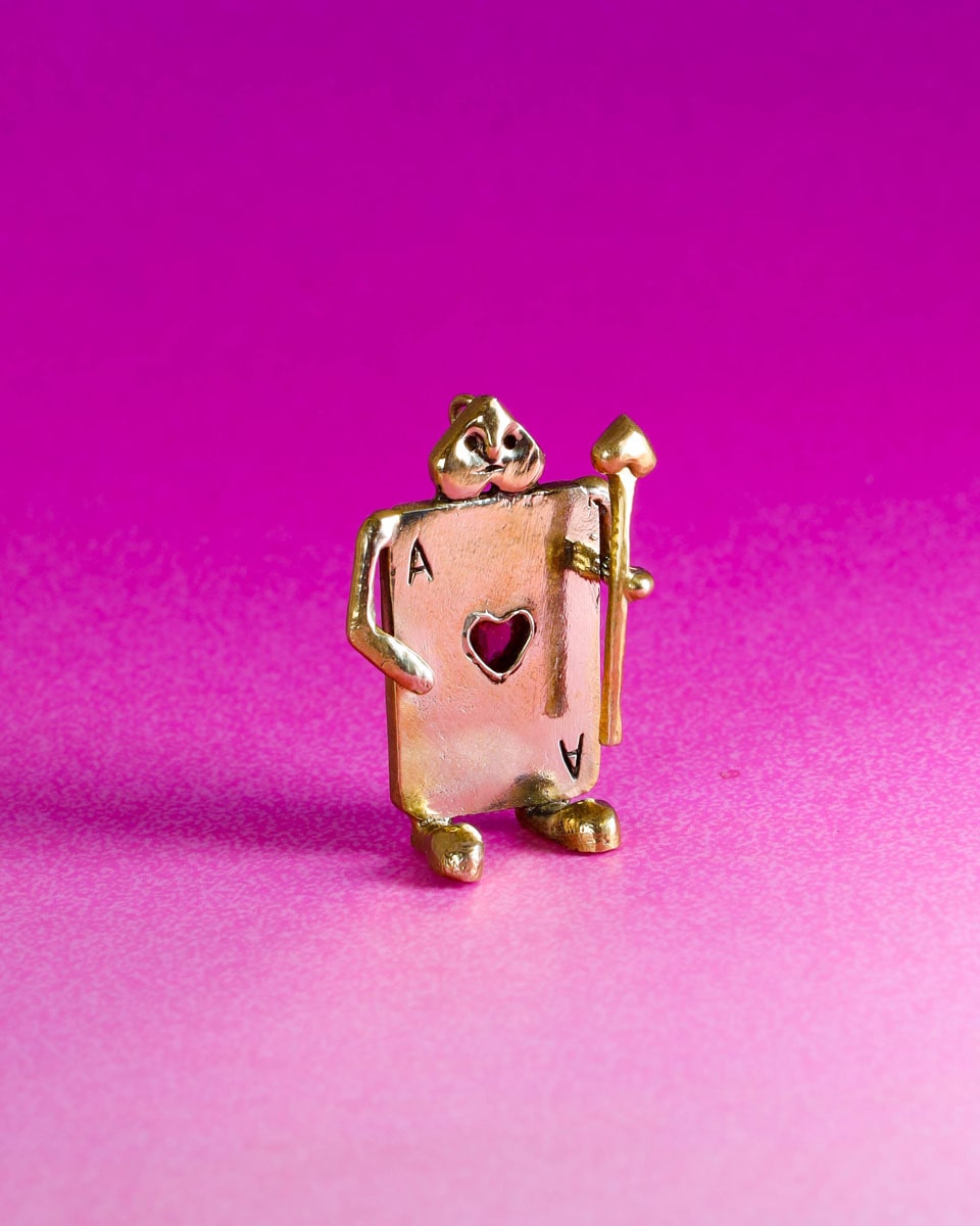 Handmade Card Guard earrings/pendant in brass with magenta CZ stone, Alice in Wonderland jewellery, by fake plastic love