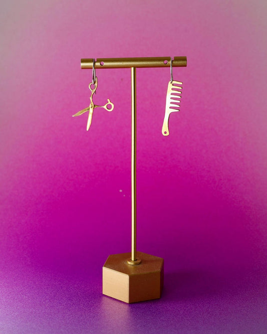 Hairdresser Scissors and Comb Earrings, miniature barber scissors with movable blades, handmade from brass, by fake plastic love