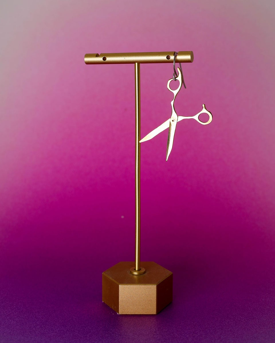 Hair Scissors Earring, miniature barber scissors with movable blades, handmade from brass, available in charm, by fake plastic love