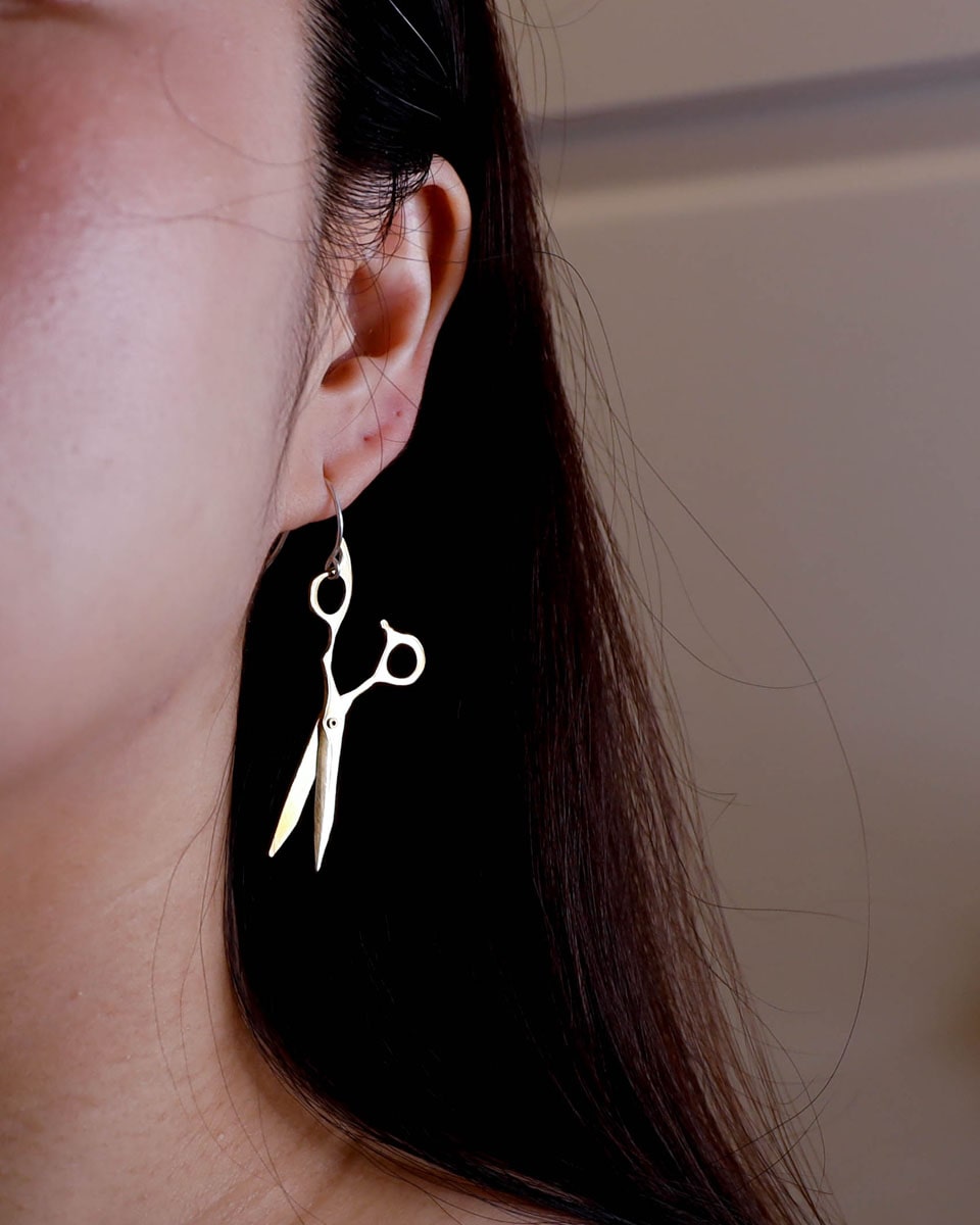 Hair Scissors Earring, miniature barber scissors with movable blades, handmade from brass, available in charm, by fake plastic love