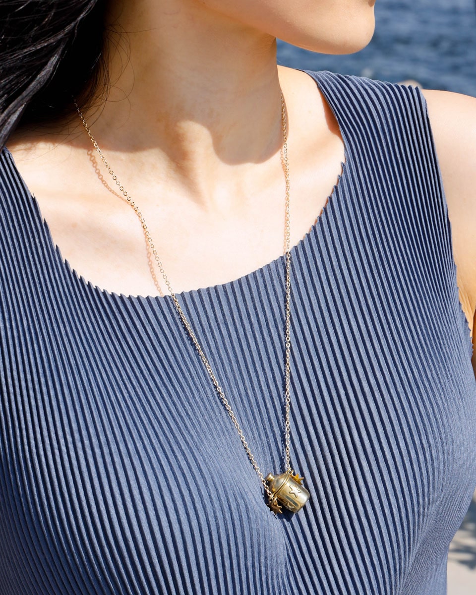 The Starry Container Locket Necklace, solid brass locket pendant with star face pattern, handmade by fake plastic love