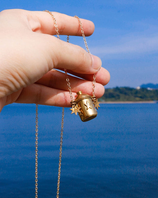 The Starry Container Locket Necklace, solid brass locket pendant with star face pattern, handmade by fake plastic love
