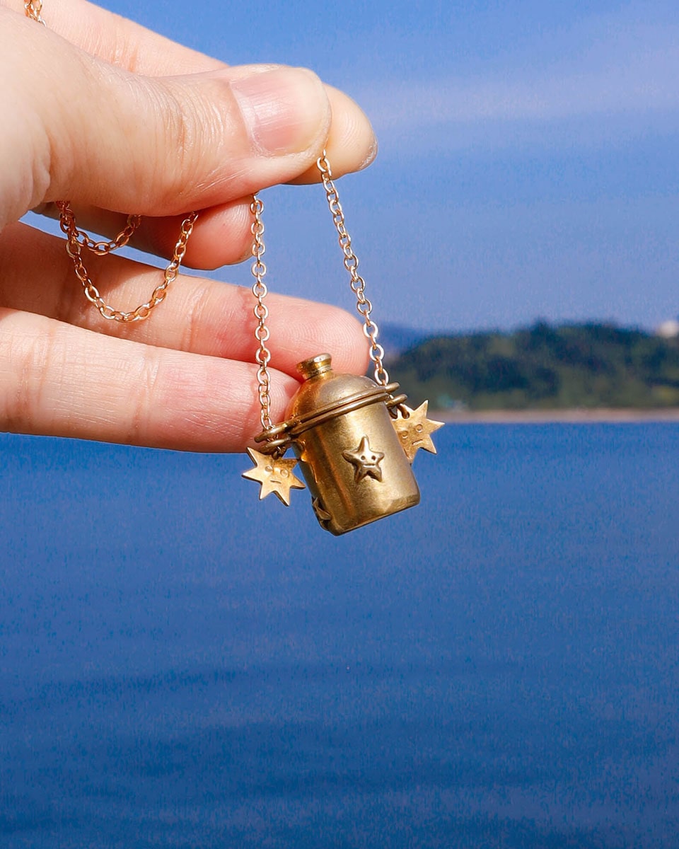 The Starry Container Locket Necklace, solid brass locket pendant with star face pattern, handmade by fake plastic love