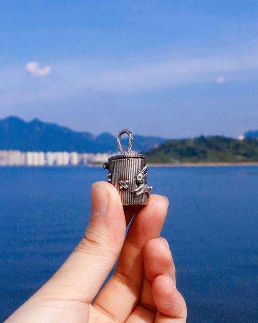 Solid sterling silver container locket with rabbit and flower pattern, handmade from wax carving technique, by fake plastic love