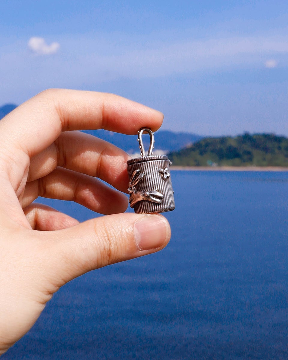 Solid sterling silver container locket with rabbit and flower pattern, handmade from wax carving technique, by fake plastic love