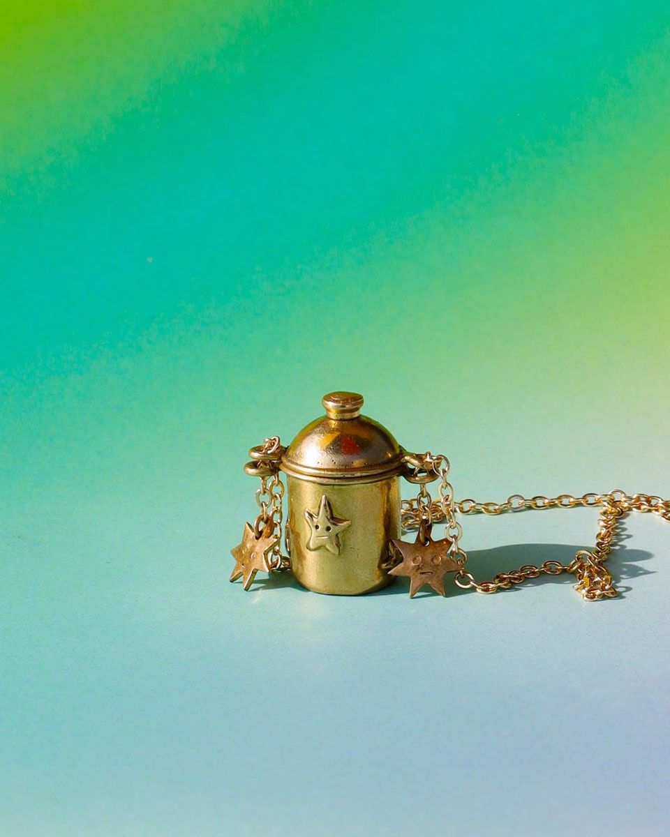 The Starry Container Locket Necklace, solid brass locket pendant with star face pattern, handmade by fake plastic love