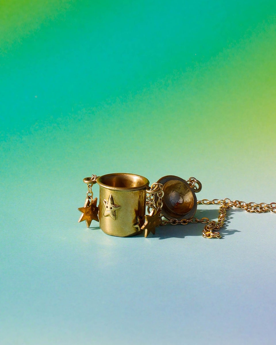 The Starry Container Locket Necklace, solid brass locket pendant with star face pattern, handmade by fake plastic love
