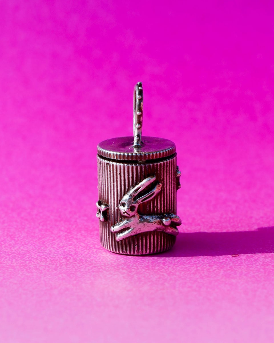 Solid sterling silver container locket with rabbit and flower pattern, handmade from wax carving technique, by fake plastic love