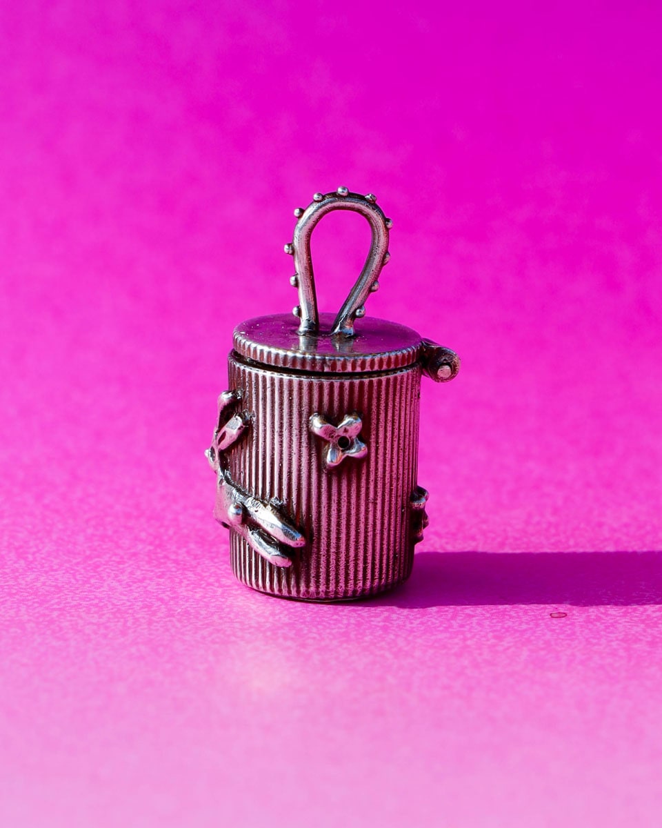 Solid sterling silver container locket with rabbit and flower pattern, handmade from wax carving technique, by fake plastic love