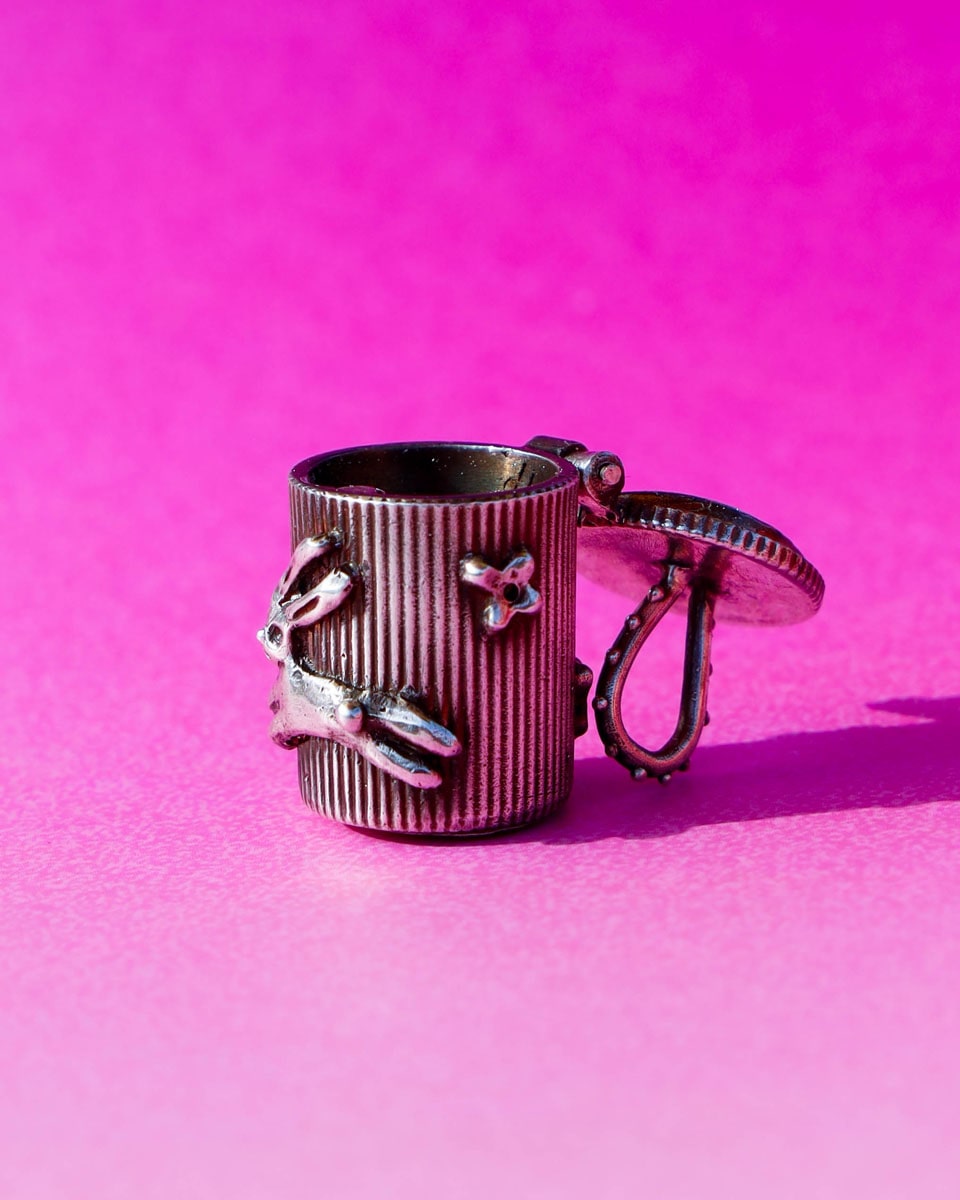 Solid sterling silver container locket with rabbit and flower pattern, handmade from wax carving technique, by fake plastic love