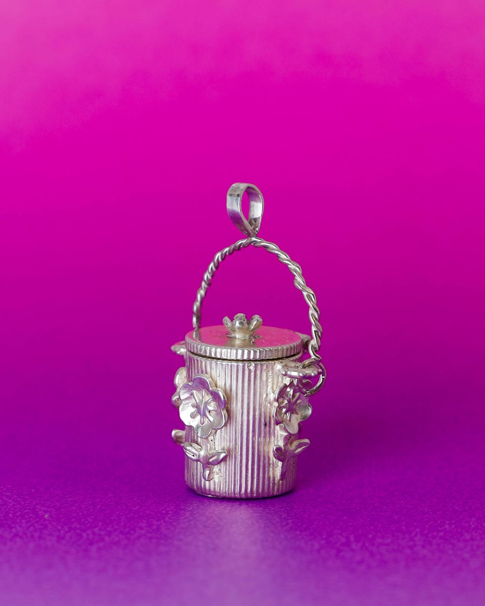 solid sterling silver Container Locket with hand-carved four flowers details, Hinged Pendant handmade by fake plastic love