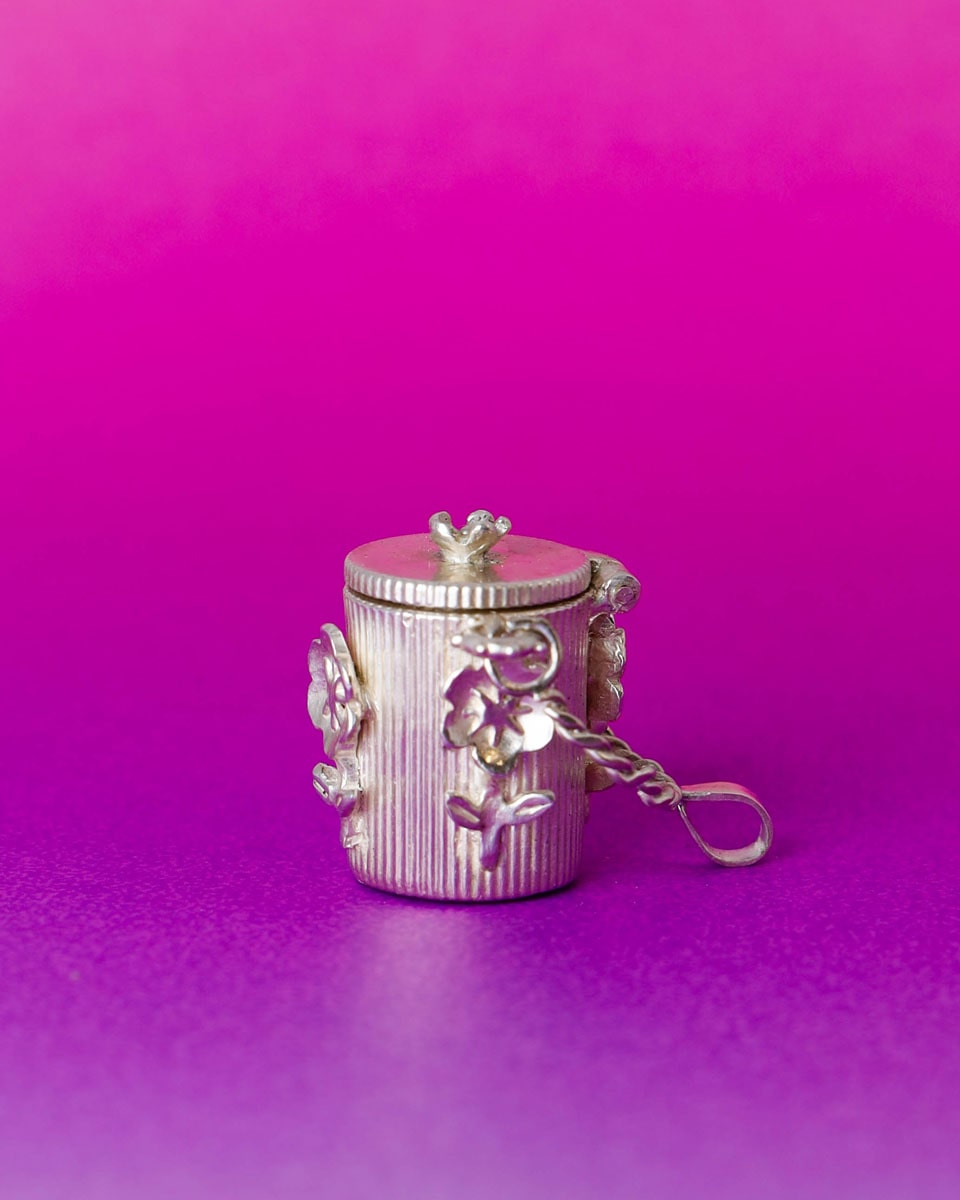 solid sterling silver Container Locket with hand-carved four flowers details, Hinged Pendant handmade by fake plastic love