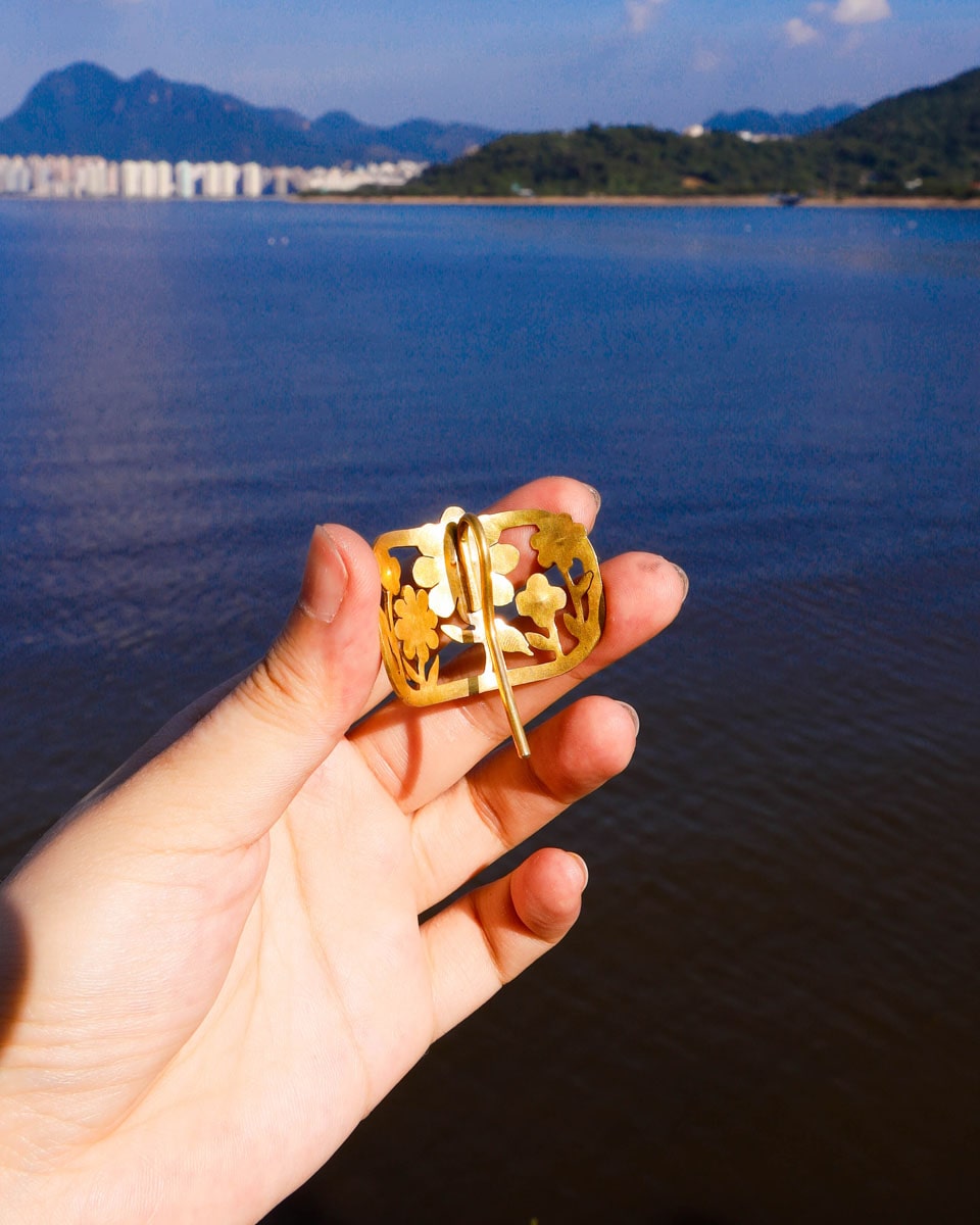 smiley face five flowers ponytail hair cuff, handmade from solid brass, hair jewellery by fake plastic love