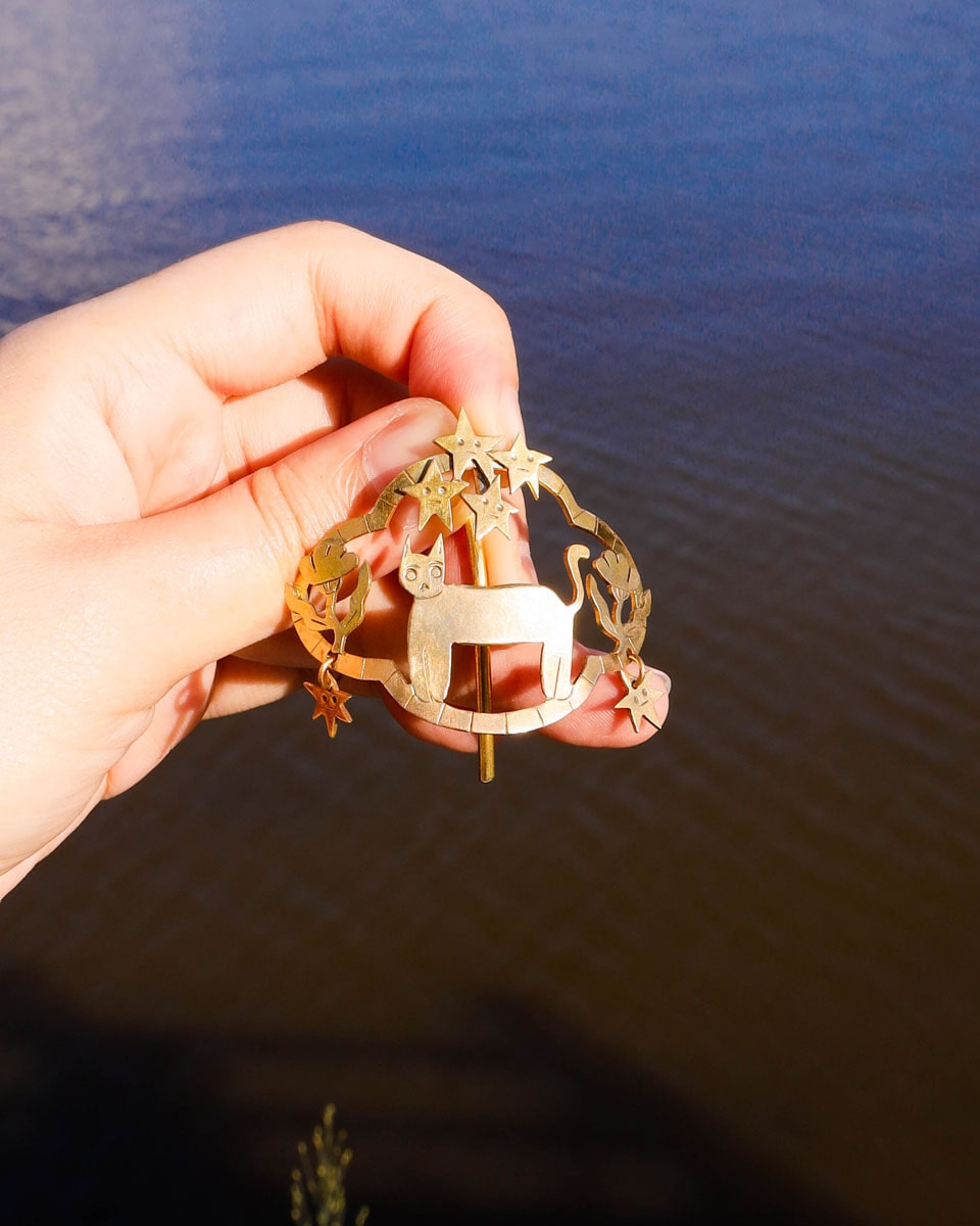 handmade brass kitty cat hair cuff, pony tail hook with stars and flowers design, by fake plastic love