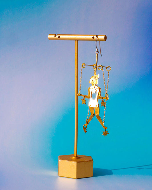 Handmade articulated puppet earrings in brass, “The Person Controlled By The Stars Mini”, sculptural statement jewelry with jointed moving parts
