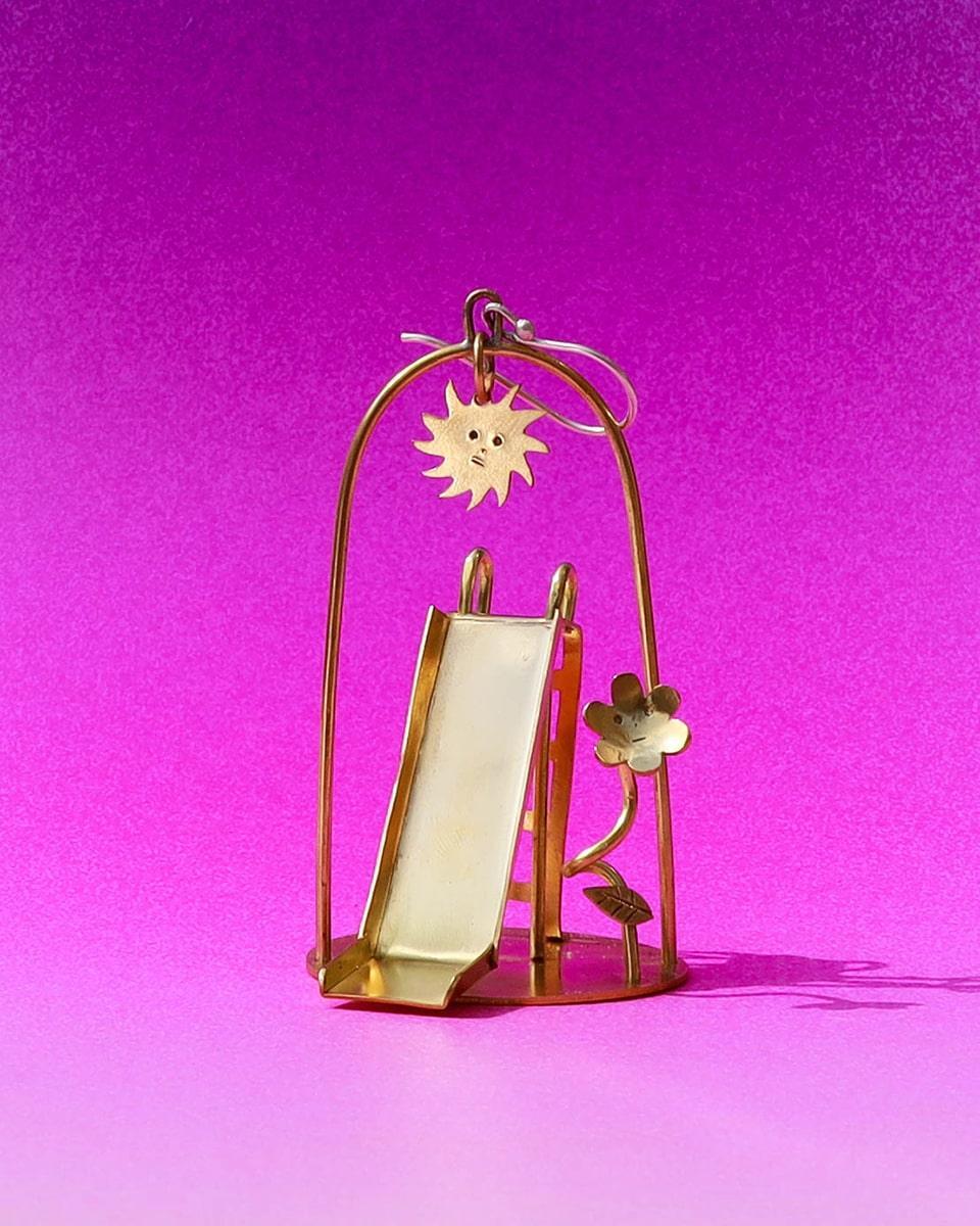 Sunny Day Playground Earrings, handmade miniature slide and seesaw with a kinetic element, made with metal folding technique, by fake plastic love