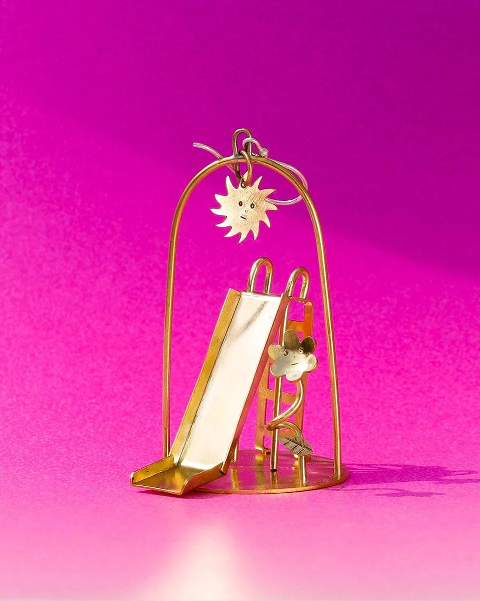 Sunny Day Playground Earrings, handmade miniature slide and seesaw with a kinetic element, made with metal folding technique, by fake plastic love