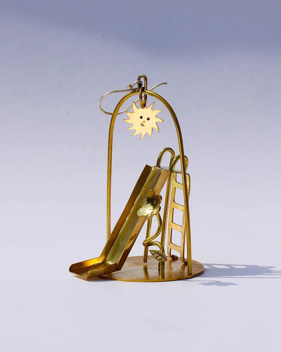 Sunny Day Playground Earrings, handmade miniature slide and seesaw with a kinetic element, made with metal folding technique, by fake plastic love