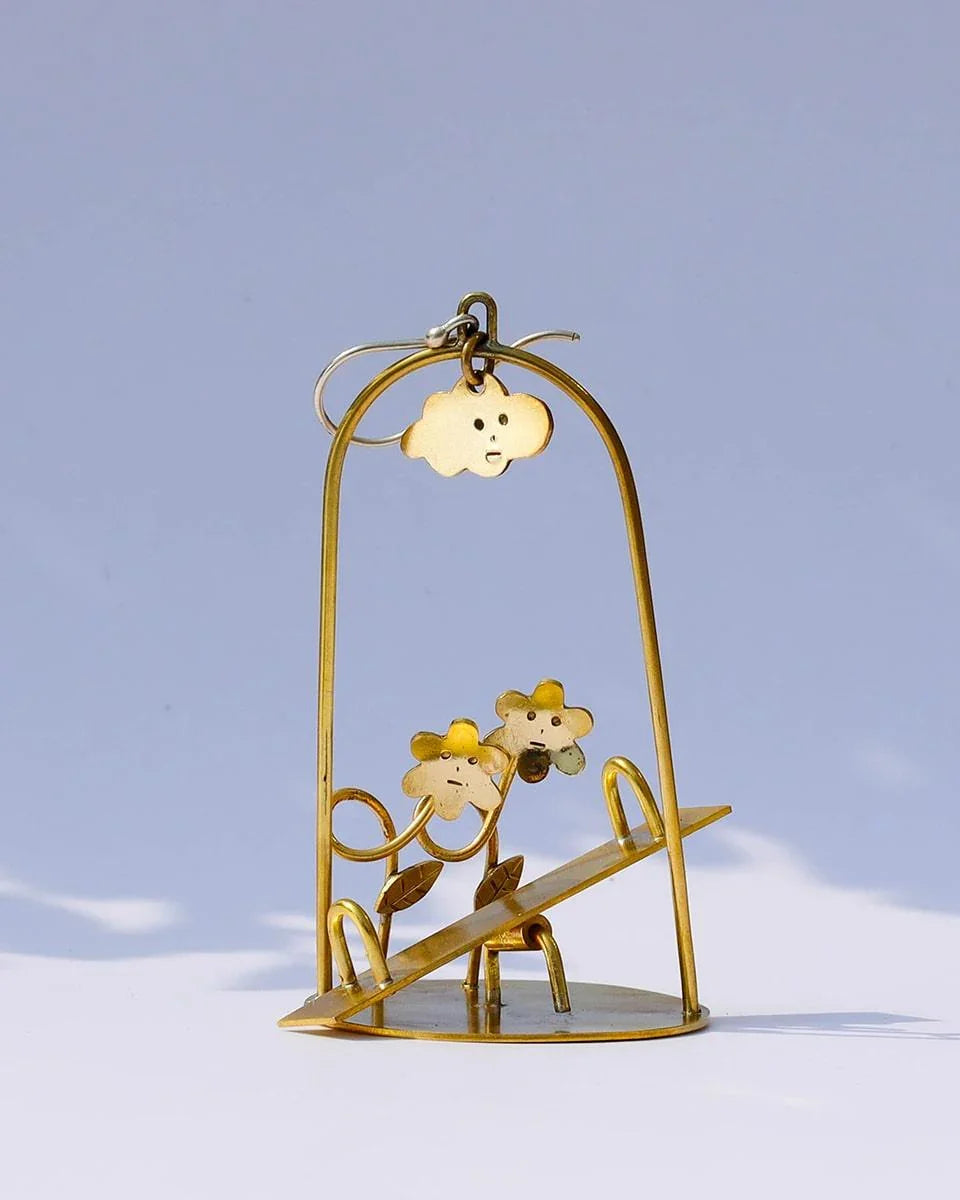 Sunny Day Playground Earrings, handmade miniature seesaw with a kinetic element, made with metal folding technique, by fake plastic love