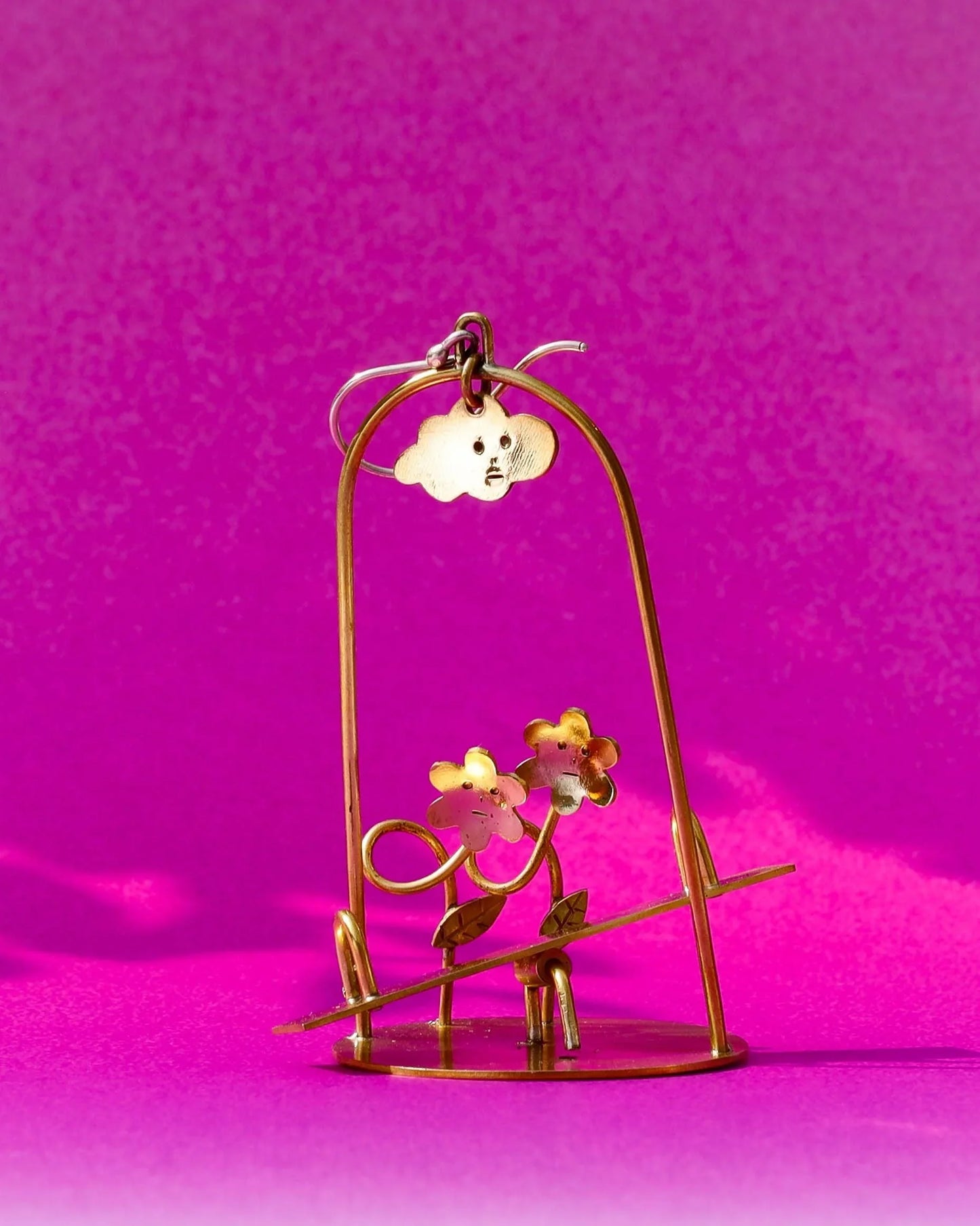 Sunny Day Playground Earrings, handmade miniature slide and seesaw with a kinetic element, made with metal folding technique, by fake plastic love