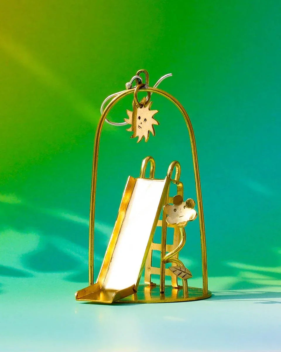 Sunny Day Playground Earrings, handmade miniature slide and seesaw with a kinetic element, made with metal folding technique, by fake plastic love