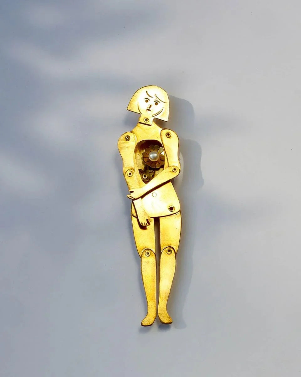a heartless person pendant, articulated doll with moving joints, set with freshwater pearls, handmade by fake plastic love