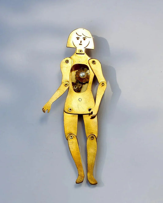 a heartless person pendant, articulated doll with moving joints, set with freshwater pearls, handmade by fake plastic love