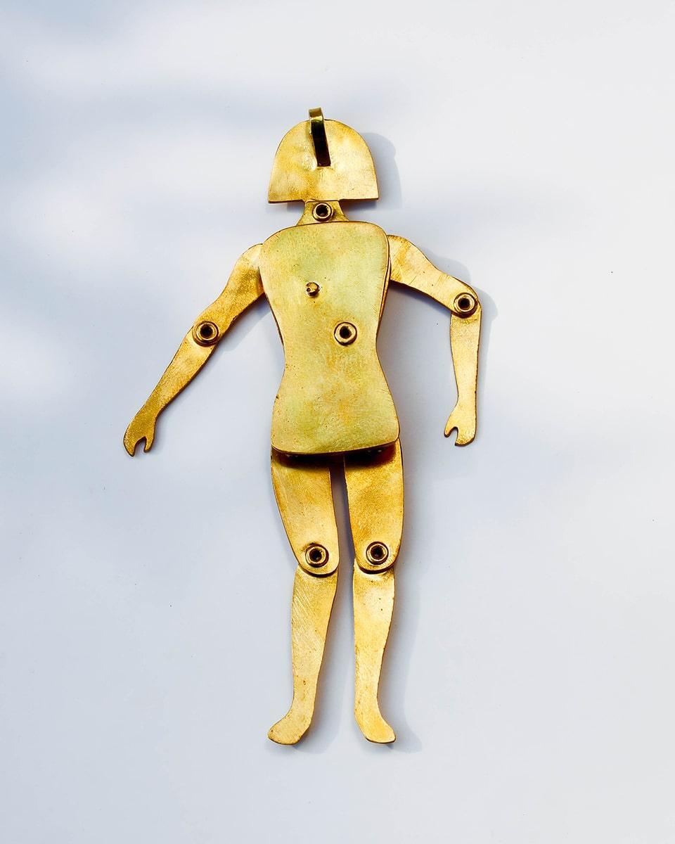 a heartless person pendant, articulated doll with moving joints, set with freshwater pearls, handmade by fake plastic love