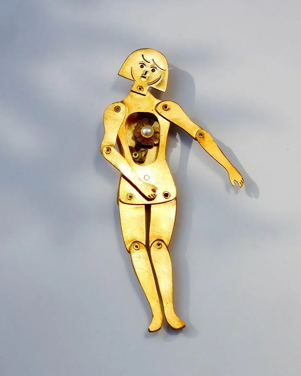 a heartless person pendant, articulated doll with moving joints, set with freshwater pearls, handmade by fake plastic love