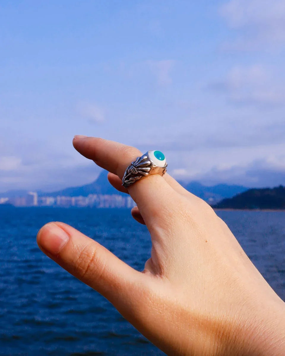 glass eye handmade sterling silver ring with floral pattern, wax carved lost wax ring, by Fake Plastic Love