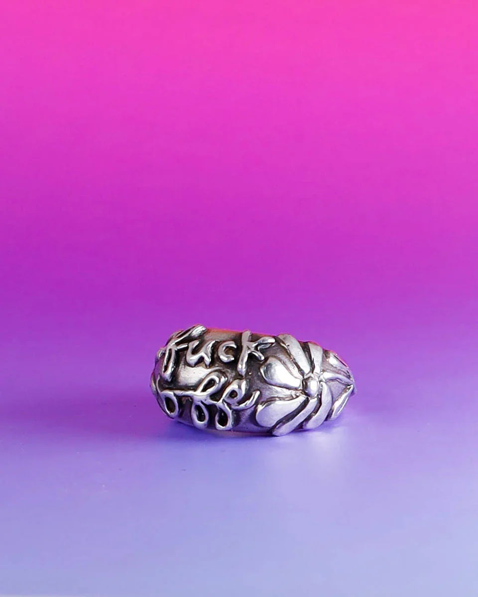 handmade fuck off sterling silver ring, made with lost wax casting, by Fake plastic love