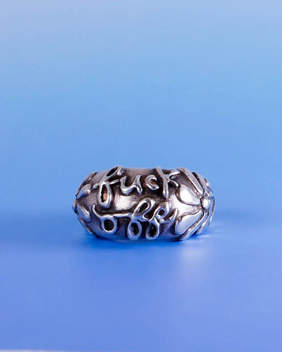 handmade fuck off sterling silver ring, made with lost wax casting, by Fake plastic love